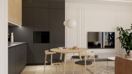 karmelowy apartament-salon z kuchnia-czarna kuchnia-kuchnia drewniana - projektowanie wnetrz zielona gora-golaskastudio Paulina Gołaska