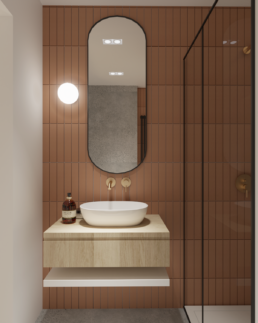 karmelowy apartament-nowoczesna lazienka projekt-brazowa lazienka-ruda-prysznic walkin-architekt-projektowanie wnętrz zielona gora