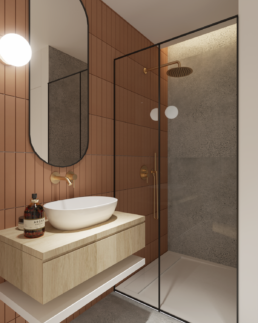 karmelowy apartament-nowoczesna lazienka projekt-brazowa lazienka-rudy kolor- brazowe wnetrza-boho-mala lazienka-prysznic walkin-architekt-projektowanie wnętrz zielona gora-golaskastudio