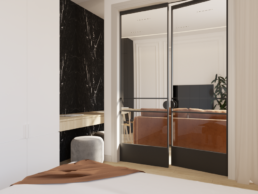 karmelowy apartament-nowoczesna sypialnia-szklane drzwi- salon z sypialnia-projekt wnetrz-architekt wnetrz zielona gora- paulina golaska studio