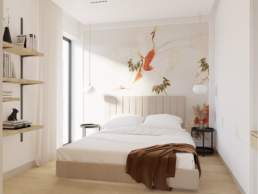karmelowy apartament-nowoczesna sypialnia-szklane drzwi-tapeta ptaki-tapeta ilustracja-architekt wnetrz zielona gora- paulina golaska studio